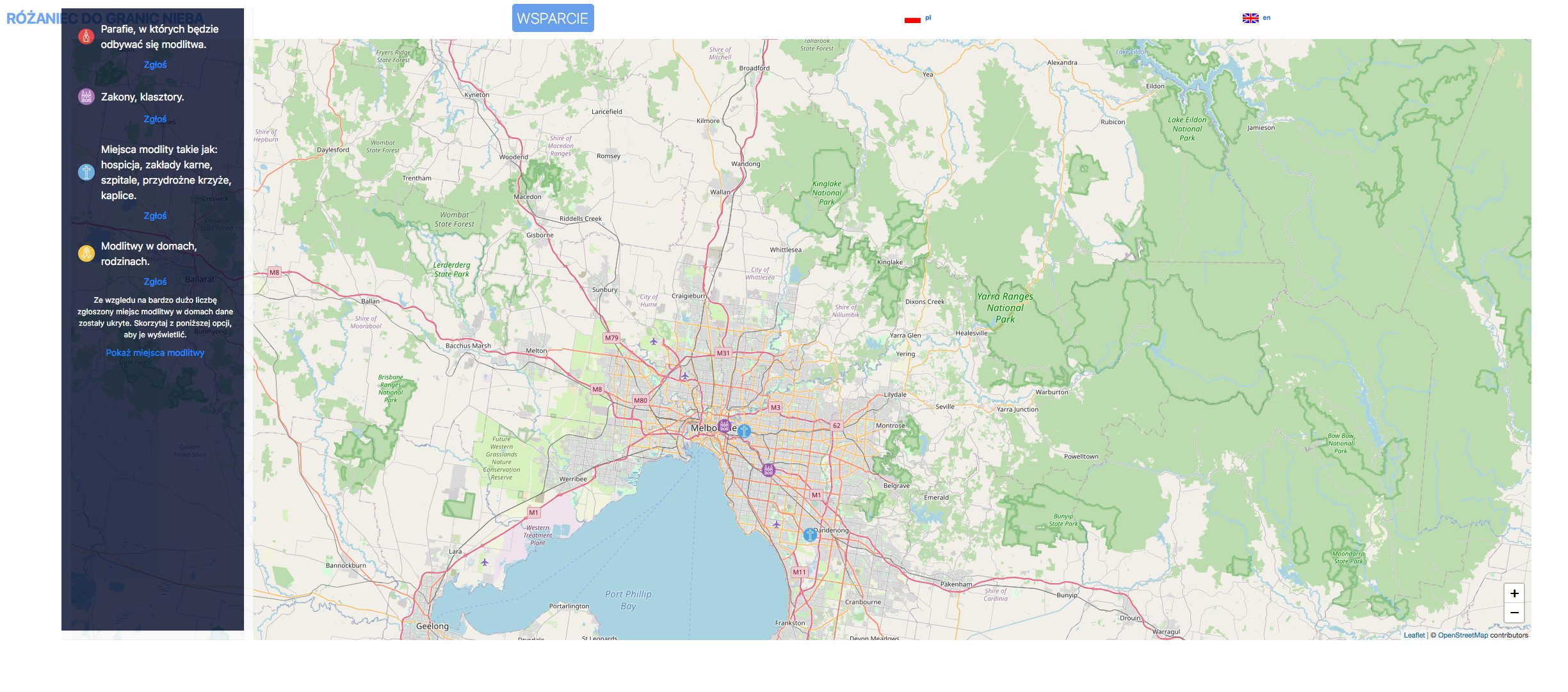 Mapka miejsc w Melbourne i okolicach, które biorą udział w Różańcu bez granic nieba